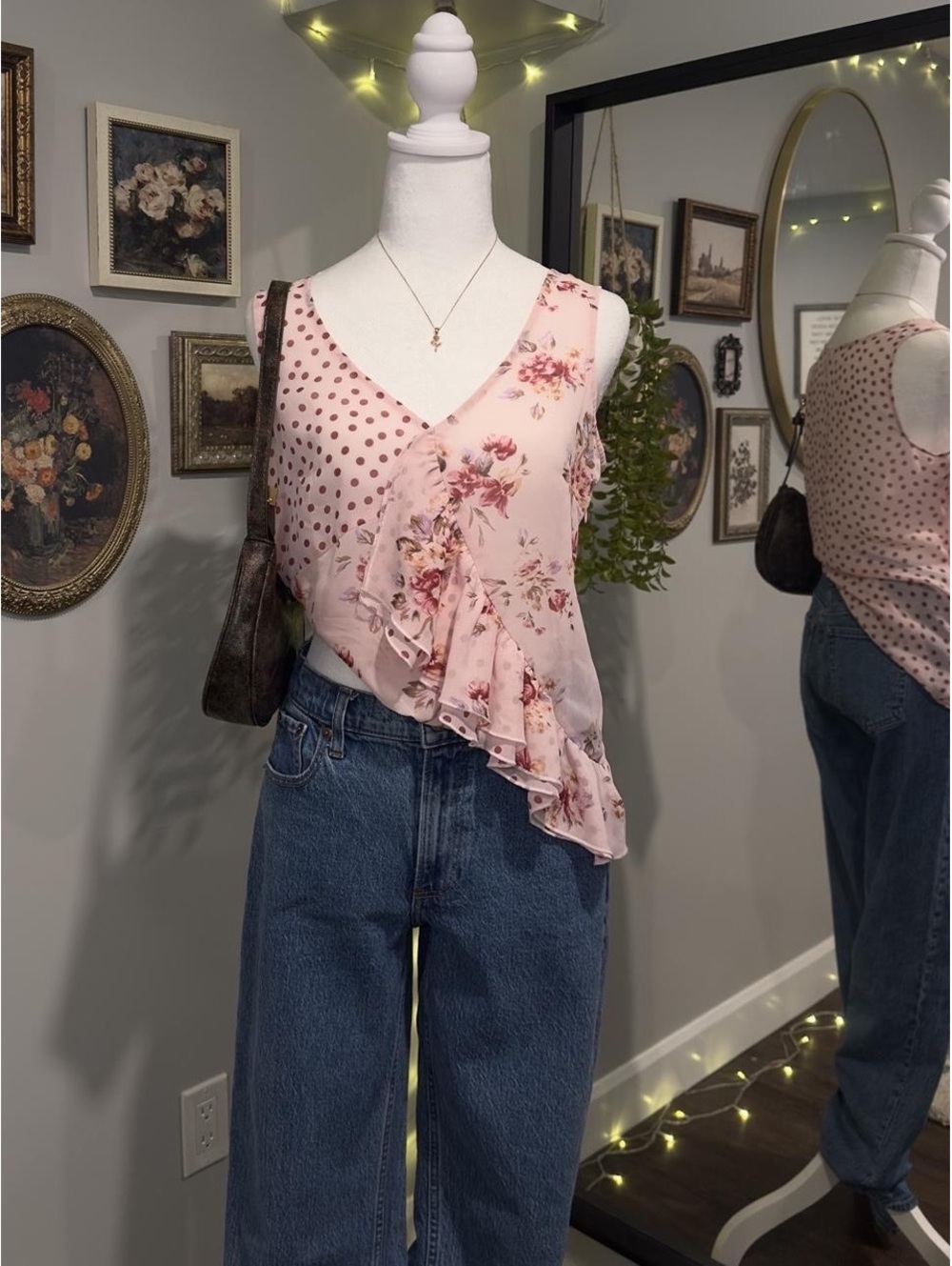 Pink Floral & Polka Dot Sheer Ruffle Blouse 🌸